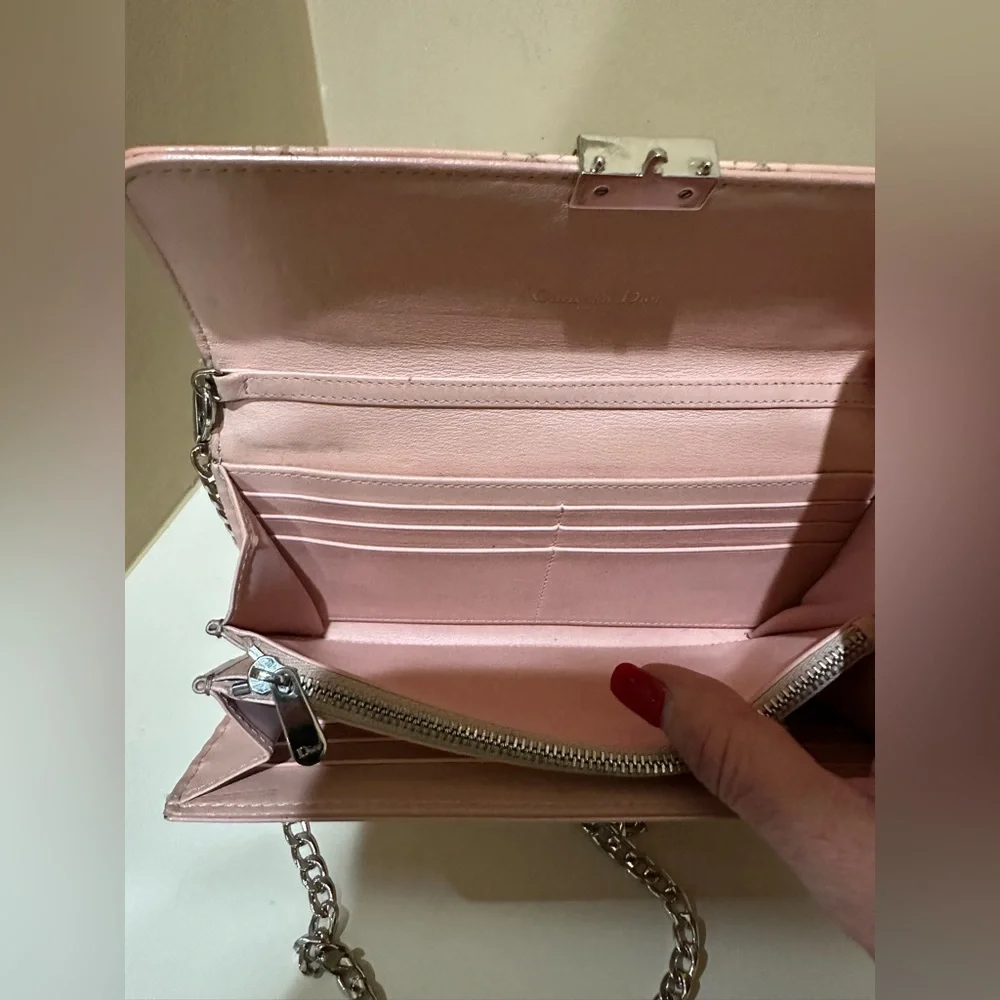 Dior Light Pink Lambskin Cannage Wallet on Chain